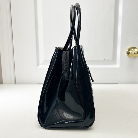 Elegant Black Textured Handbag Purse Structured Shoulder Bag Patent Faux Leather - Picture 3 of 16